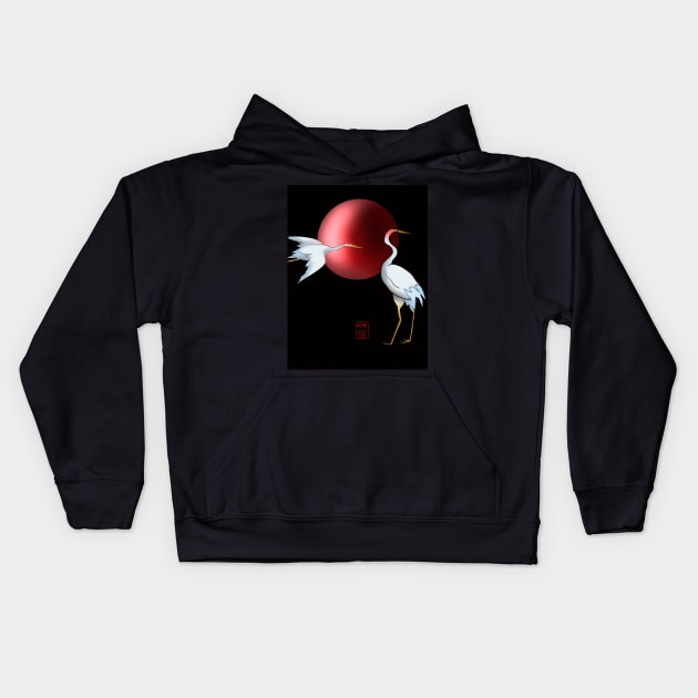 Japanese cranes with a red sun on a black background Kids Hoodie by cuisinecat